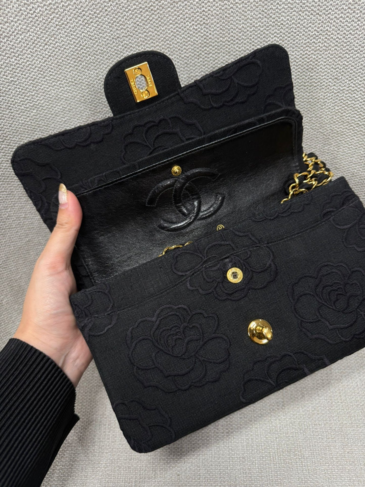 Chanel 1997 Small 24K Black Camellia Classic Flap Bag