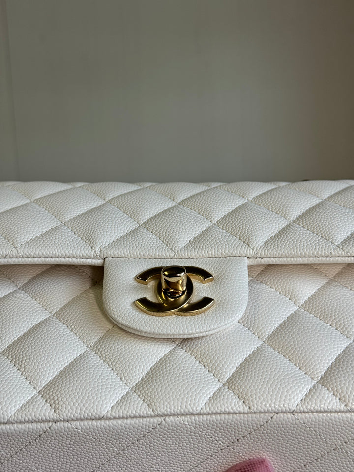 Chanel White Small Caviar Classic Flap Bag