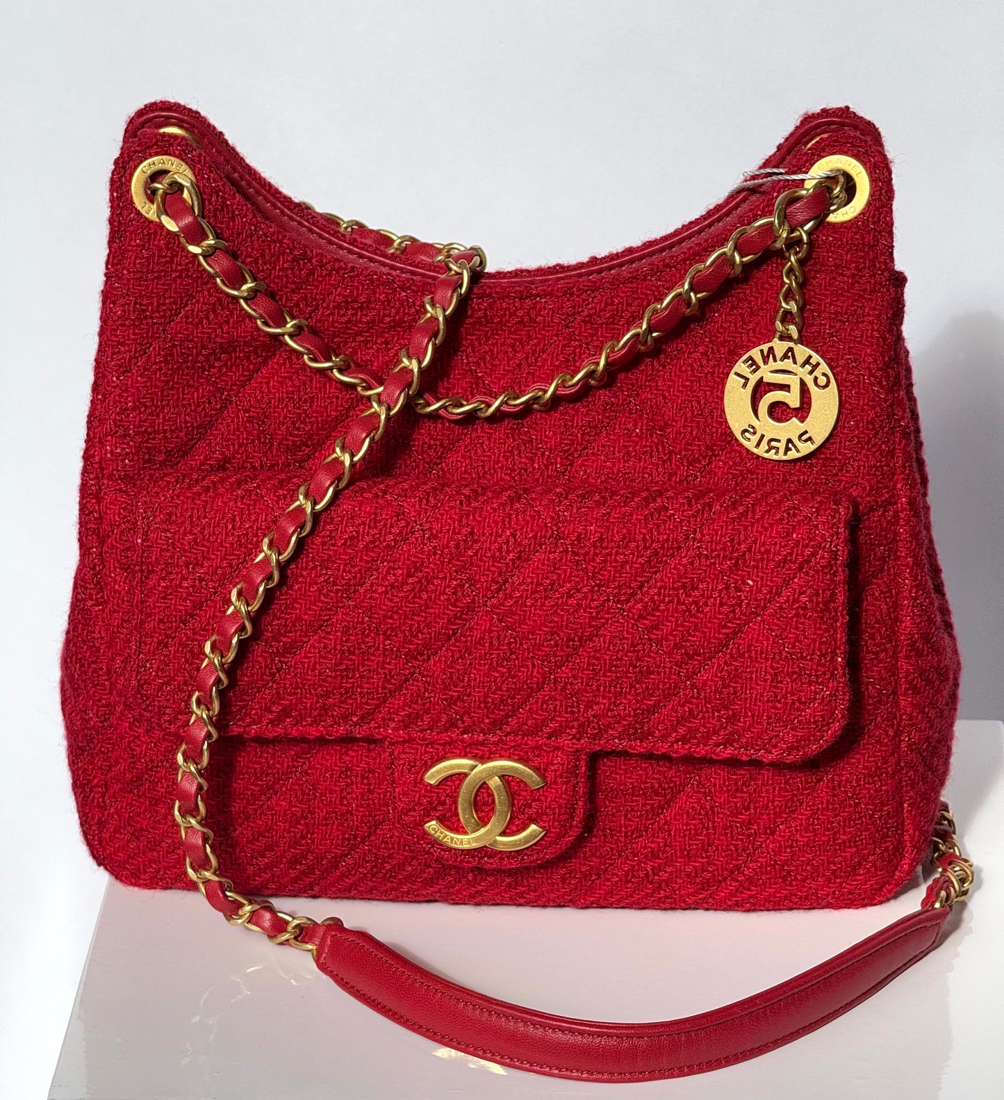 Chanel Small Red Wool Tweed Hobo