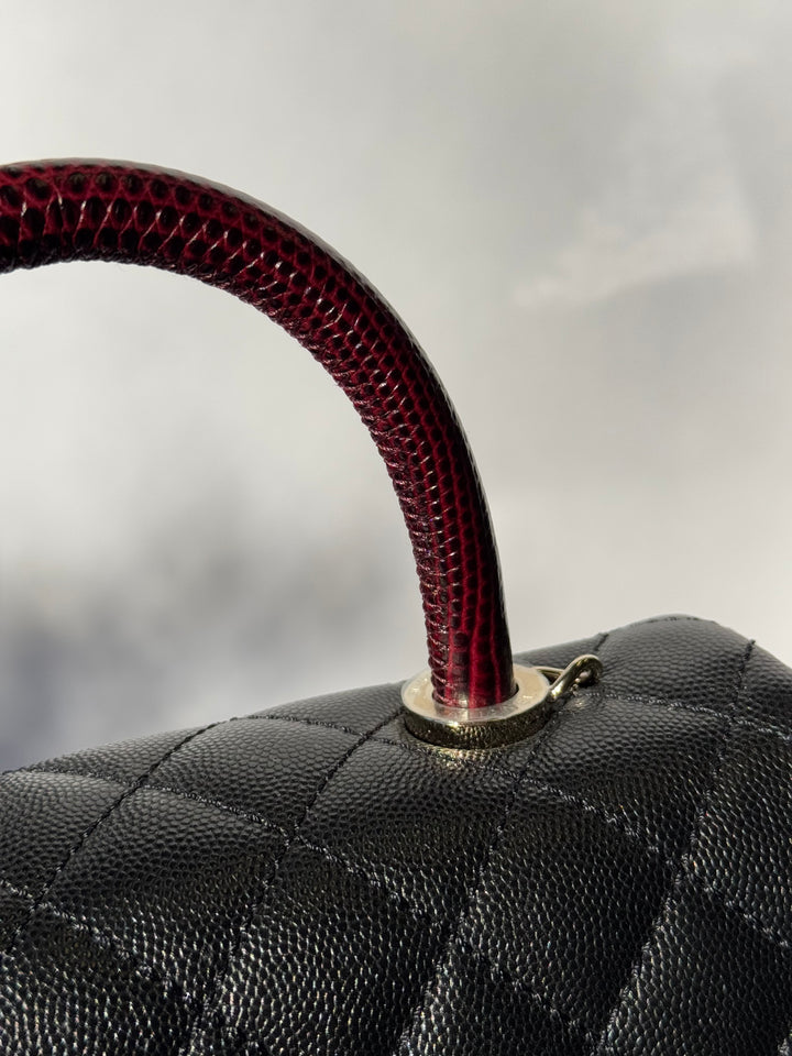 Chanel Small Black Caviar Coco + Burgundy Lizard Top Handle