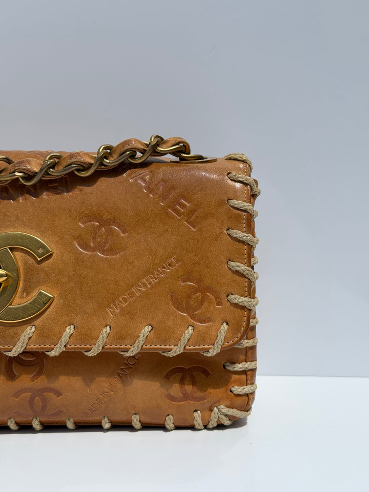 Chanel Half Flap Bag Tan Debossed Logo Calfskin Whipstitched Gold Hardware 1994