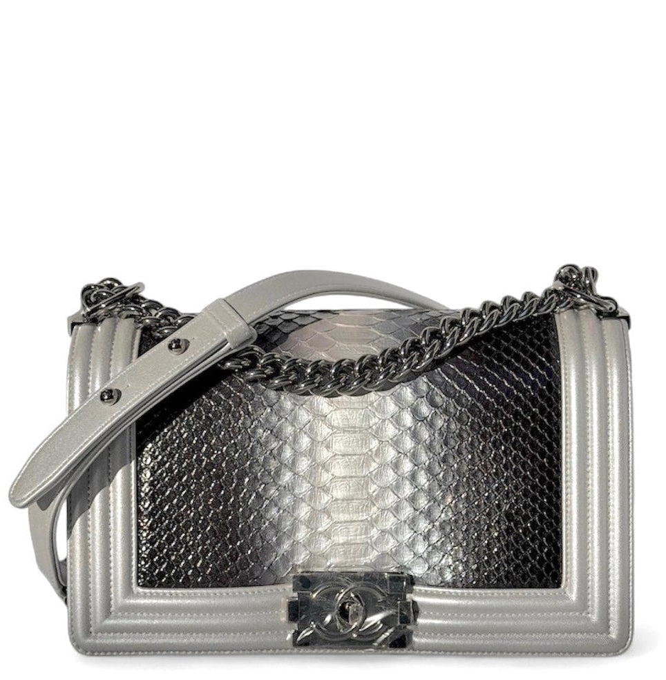 Chanel 16K Silver Python Old Medium Boy Bag