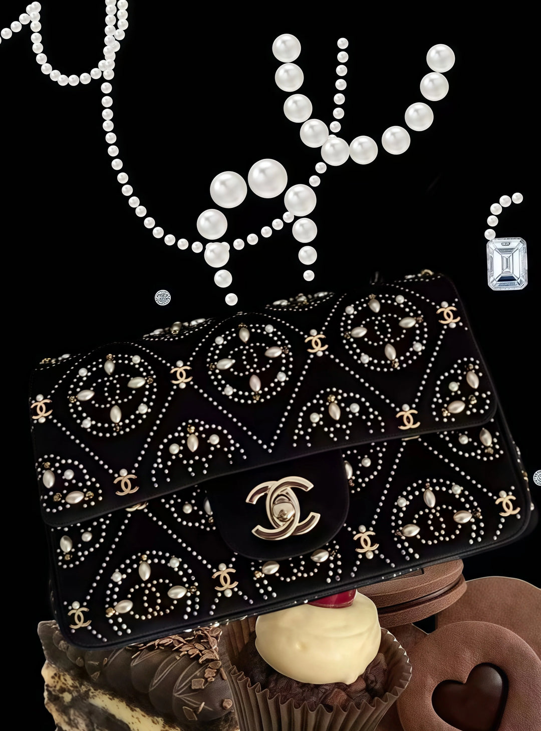 Chanel Pearl Strass CC Velvet Mini Flap Bag Black Velvet Light Gold Hardware 2021
