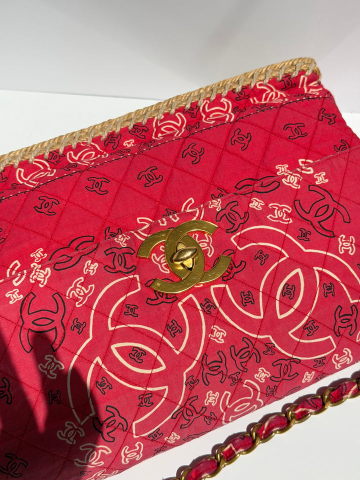 Chanel Vintage Red Bandana Paisley Print Straw Maxi Jumbo Flap Bag 1994