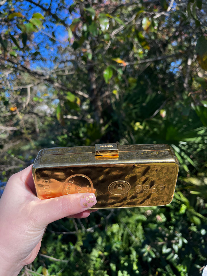 Chanel Hammered Gold Metal Bullion Bar Minaudière Clutch