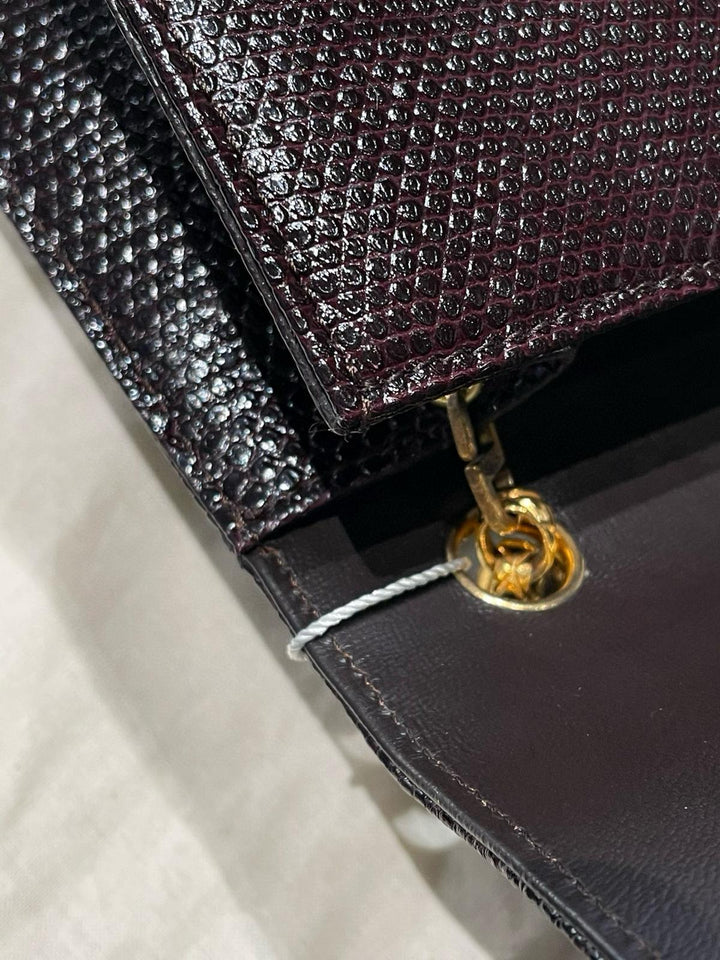 Chanel Small Trapezoid Flap Bag Burgundy Lizard Leather Gold Hardware With Bijoux Chain 1989