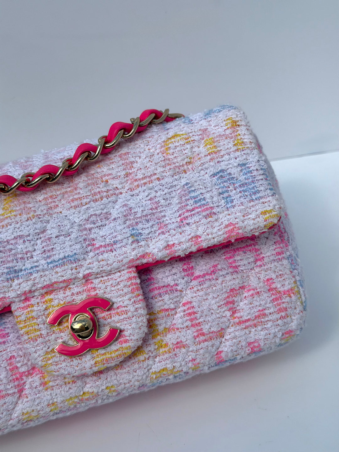 Chanel Mini Rectangular Classic Flap Bag Multicolor Logo Tweed Light Gold Hardware 2024