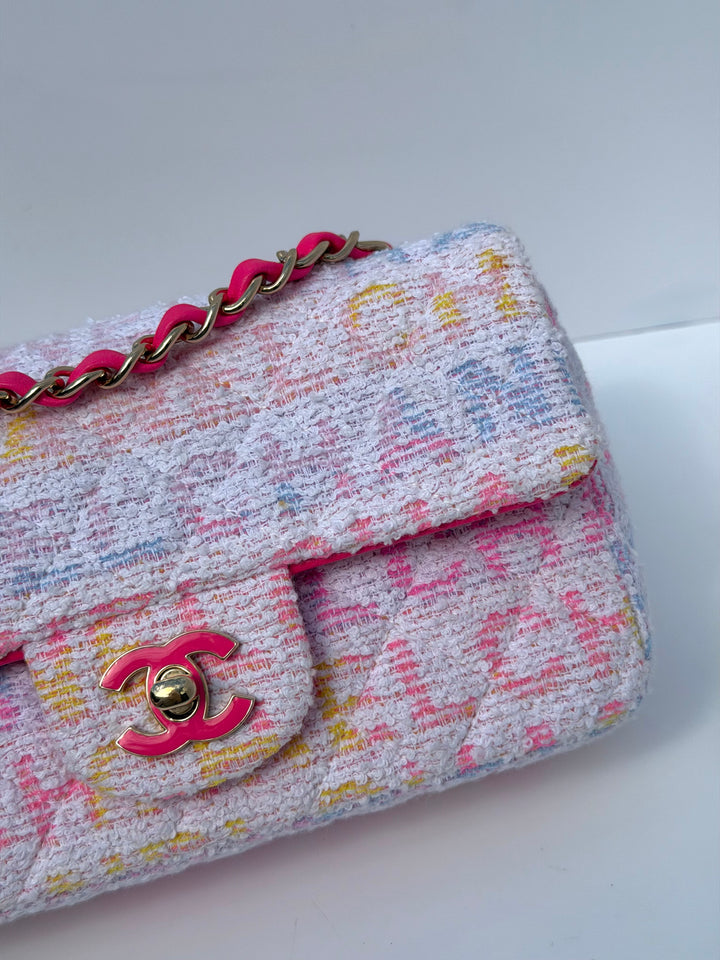 Chanel Mini Rectangular Classic Flap Bag Multicolor Logo Tweed Light Gold Hardware 2024
