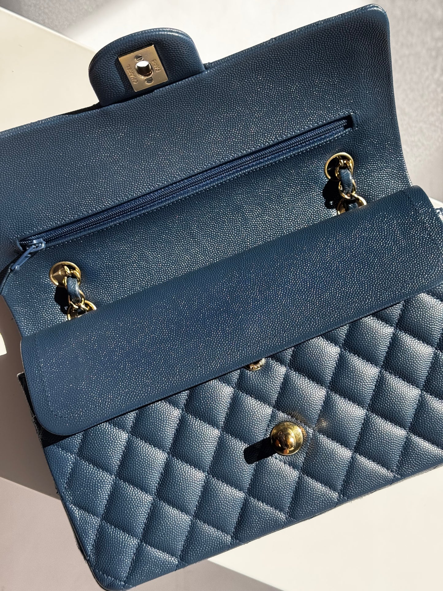 Chanel 18C Navy Blue Medium Caviar Double Flap Bag