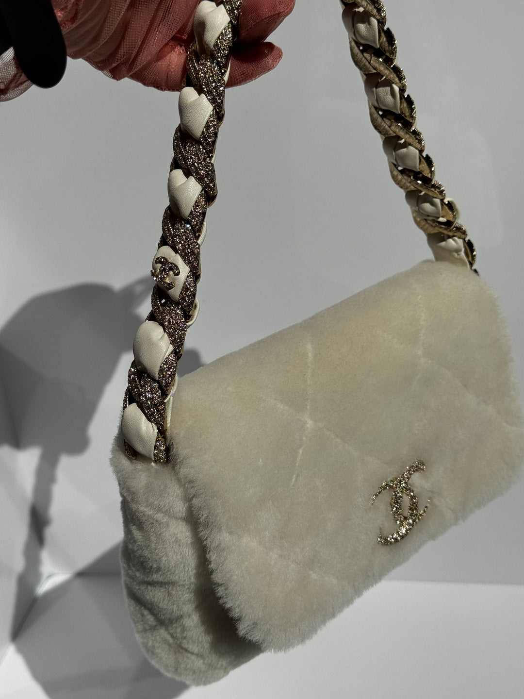 Chanel Shearling & Strass Flap Bag White Shearling with Gold Hardware 2020