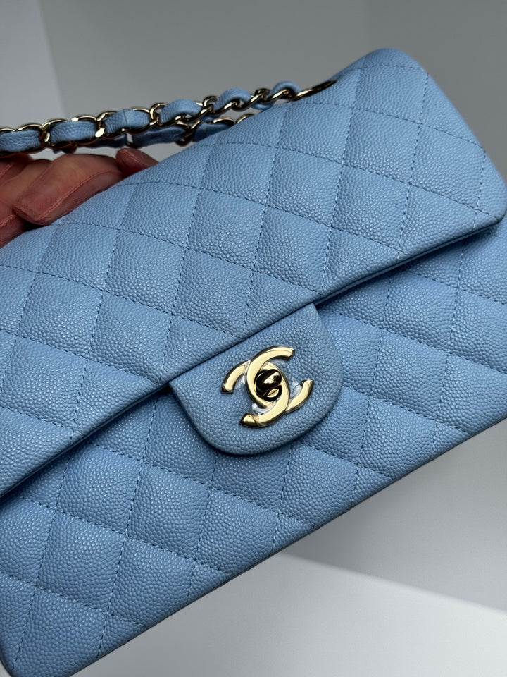 Chanel Small Classic Double Flap Caviar Light Blue Light Gold Hardware 2023