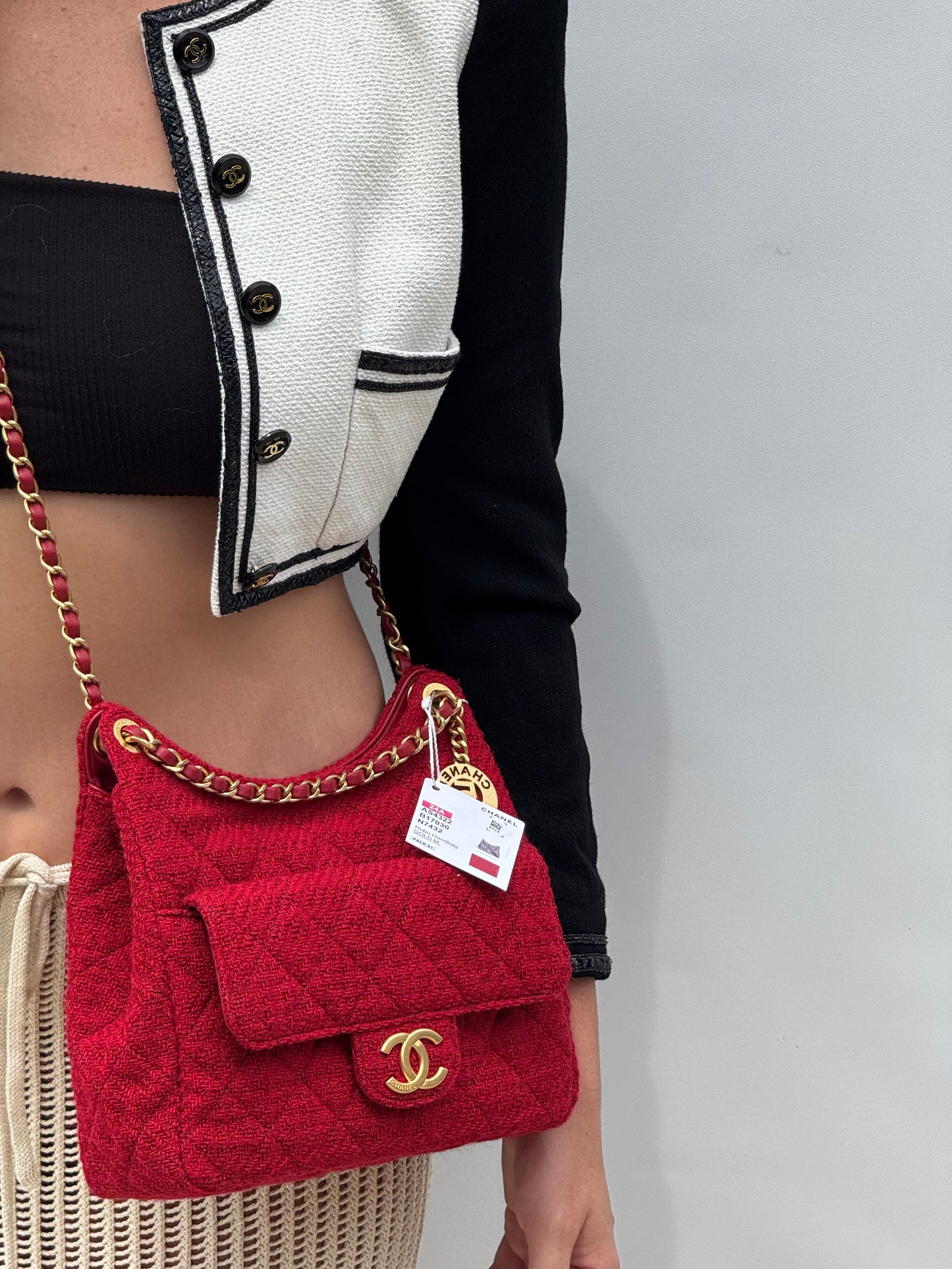 Chanel Small Red Wool Tweed Hobo