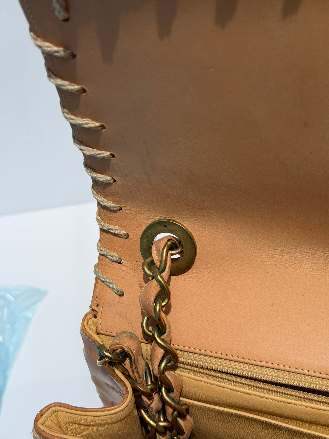 Chanel Jumbo Classic Flap Bag Tan Debossed Logo Calfskin Whipstitched Gold Hardware 1994