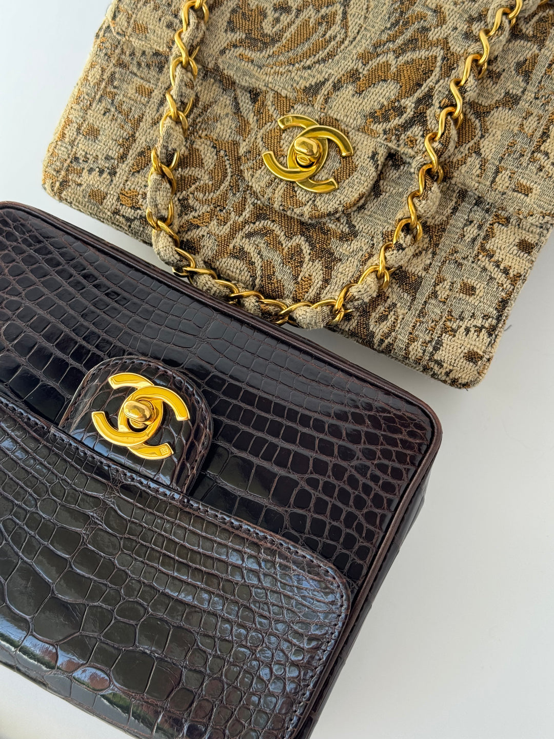 Chanel 1991 Bronze Metallic Brocade Vintage Mini Square Flap Bag