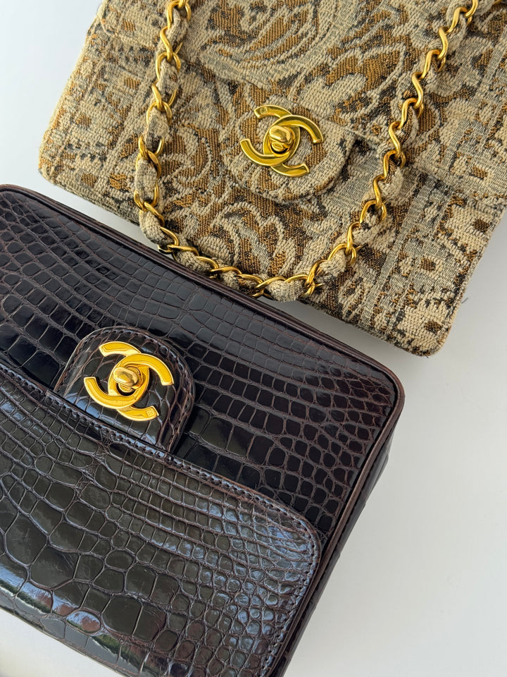 Chanel 1991 Bronze Metallic Brocade Vintage Mini Square Flap Bag