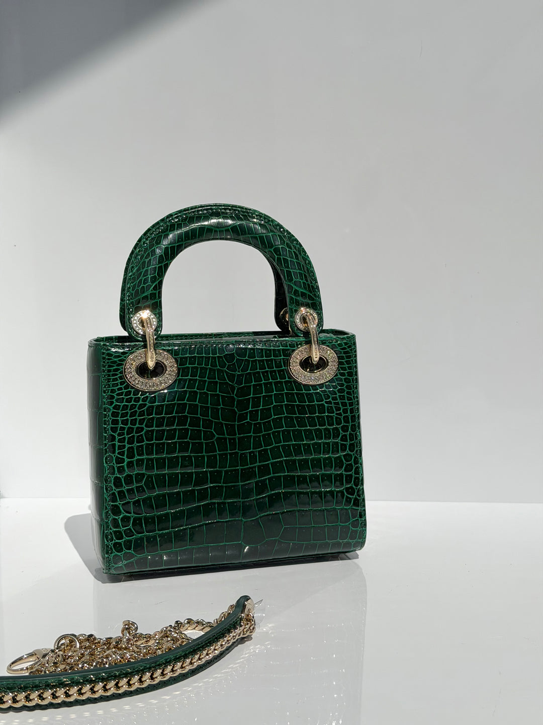 Dior Emerald Crocodile Mini Lady Dior Top Handle Diamond Gold Hardware 2022