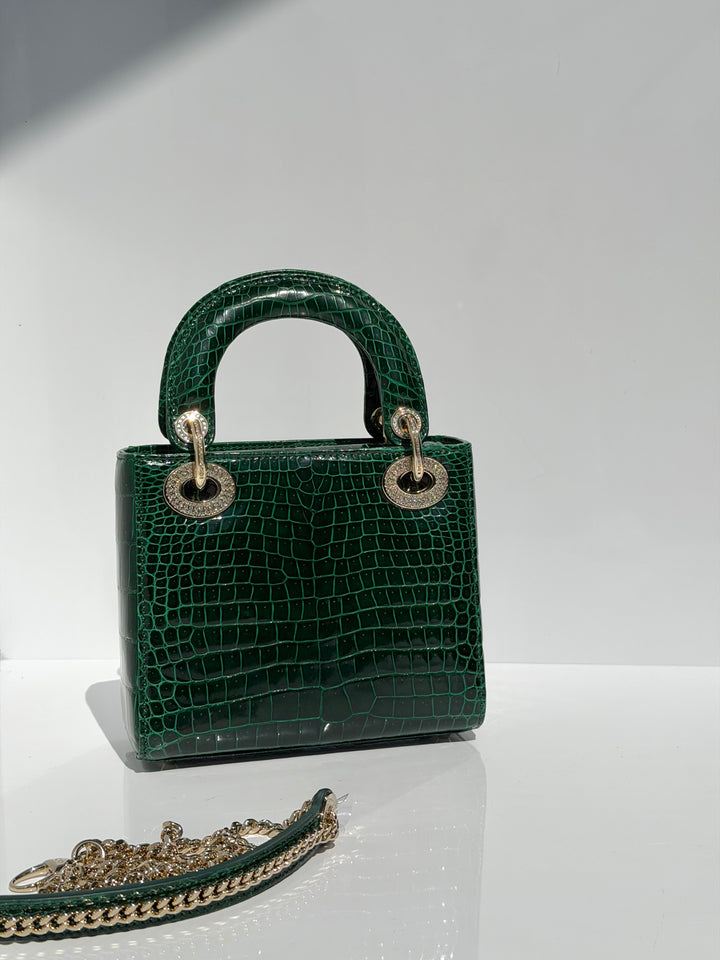 Dior Emerald Crocodile Mini Lady Dior Top Handle Diamond Gold Hardware 2022
