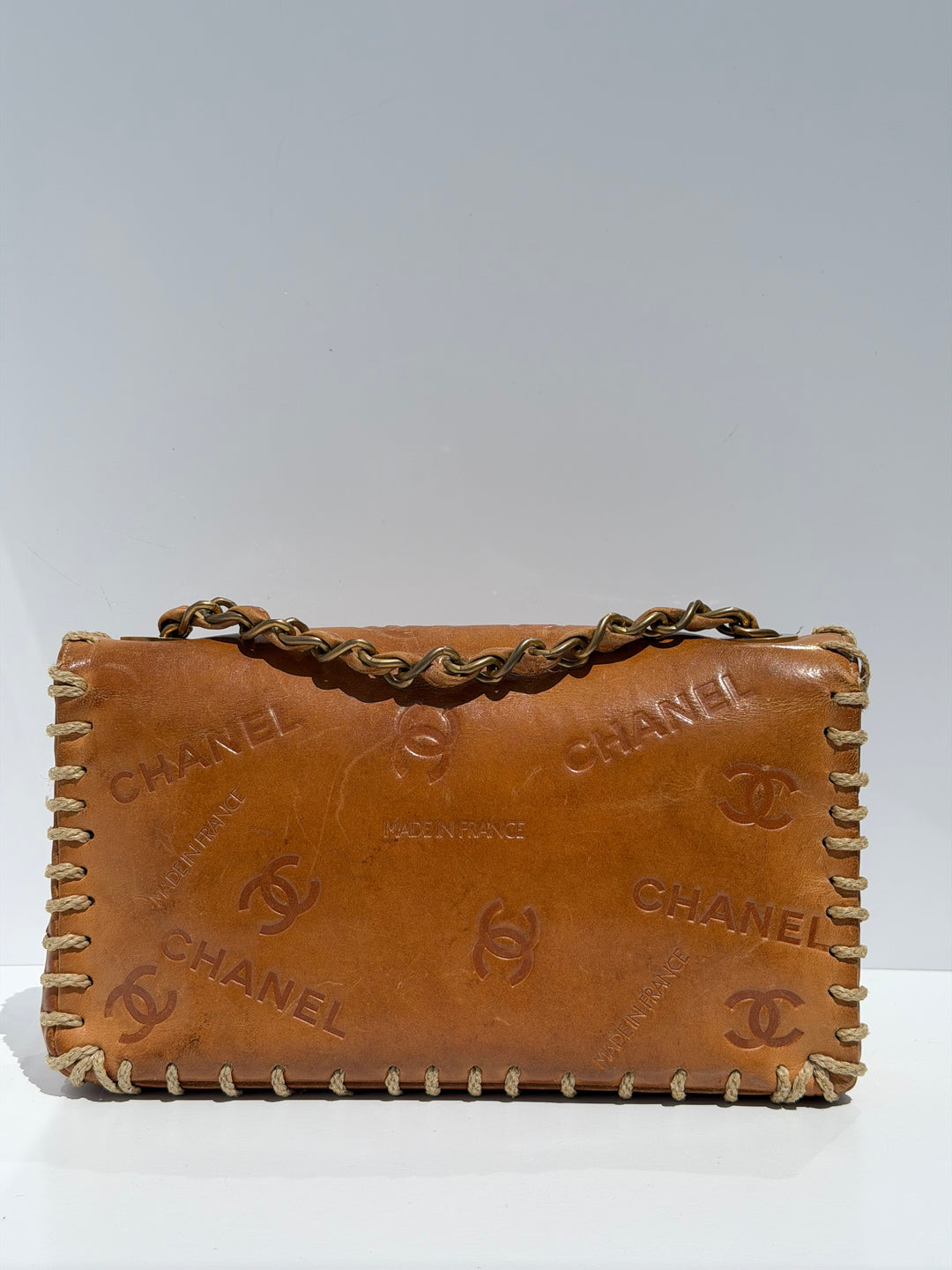 Chanel Half Flap Bag Tan Debossed Logo Calfskin Whipstitched Gold Hardware 1994