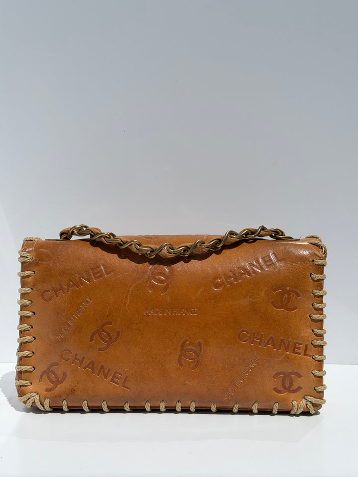 Chanel Half Flap Bag Tan Debossed Logo Calfskin Whipstitched Gold Hardware 1994