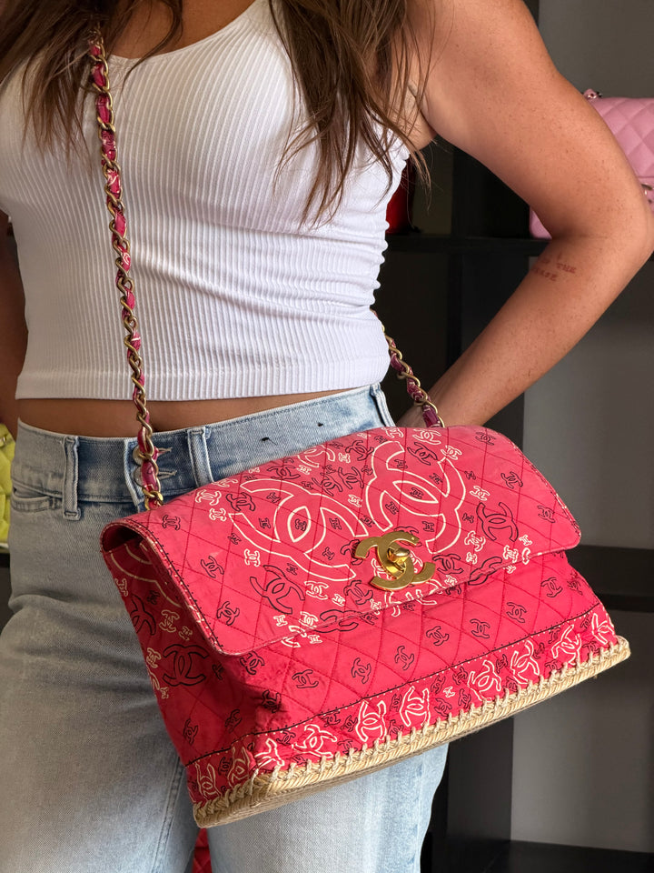 Chanel Vintage Red Bandana Paisley Print Straw Maxi Jumbo Flap Bag 1994