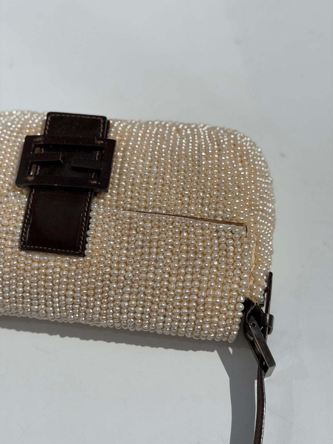 Fendi Pearl Embellished Baguette Brown Leather Trim Silver Hardware 2009