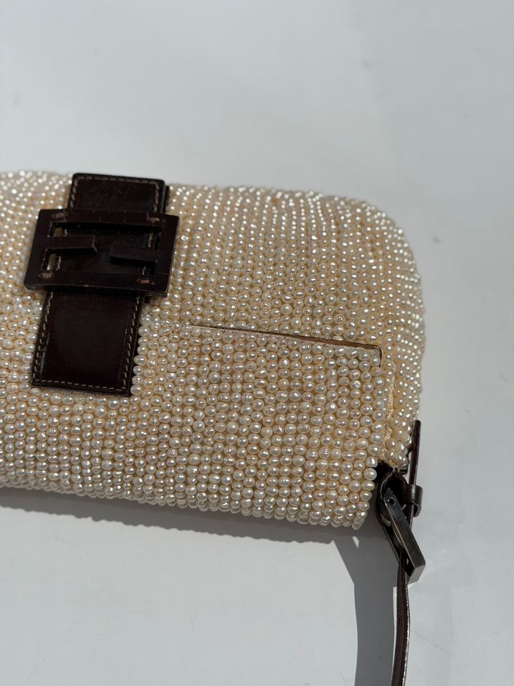 Fendi Pearl Embellished Baguette Brown Leather Trim Silver Hardware 2009