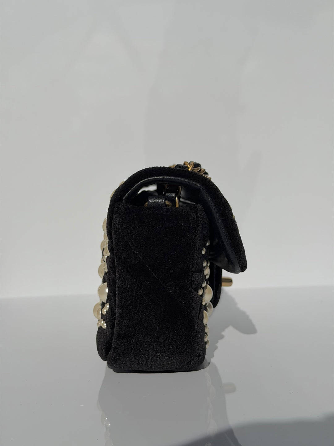 Chanel Black Velvet Mini Pearl Flap Bag