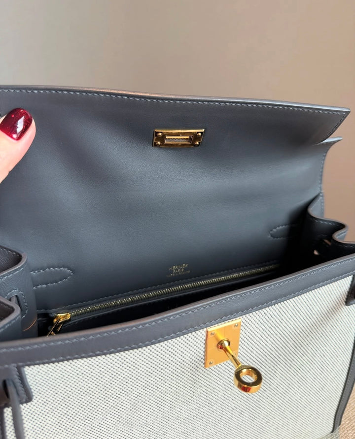 Hermès Limited Edition Ardoise Swift and Ecru Toile Kelly 25 Sellier Gold Hardware 2025