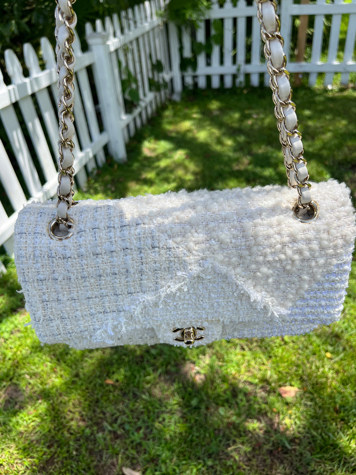 Chanel White Medium Tweed Patchwork Flap Bag