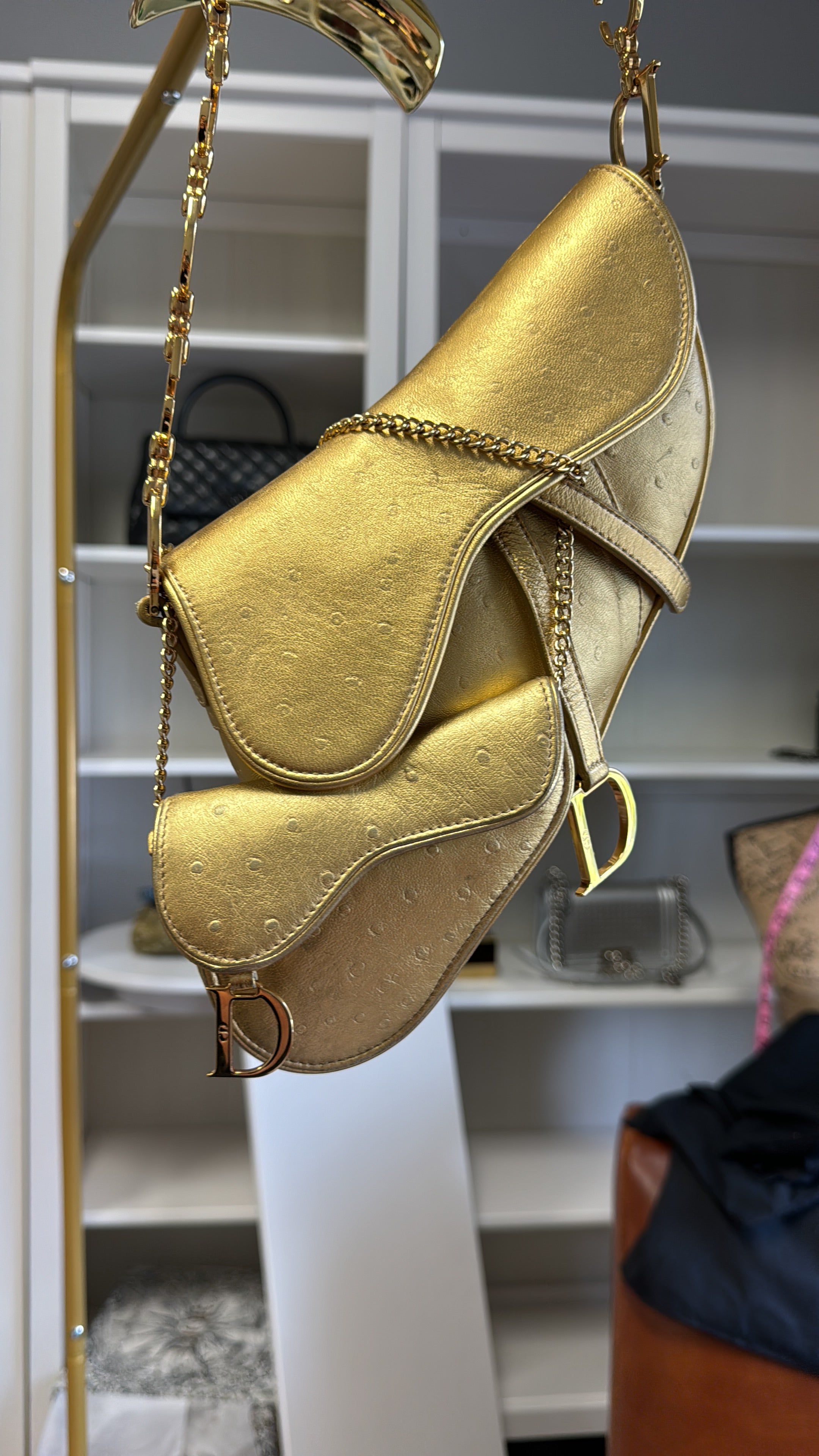 Christian Dior Metallic Gold Ostrich Saddle + Matching Pouch – Its