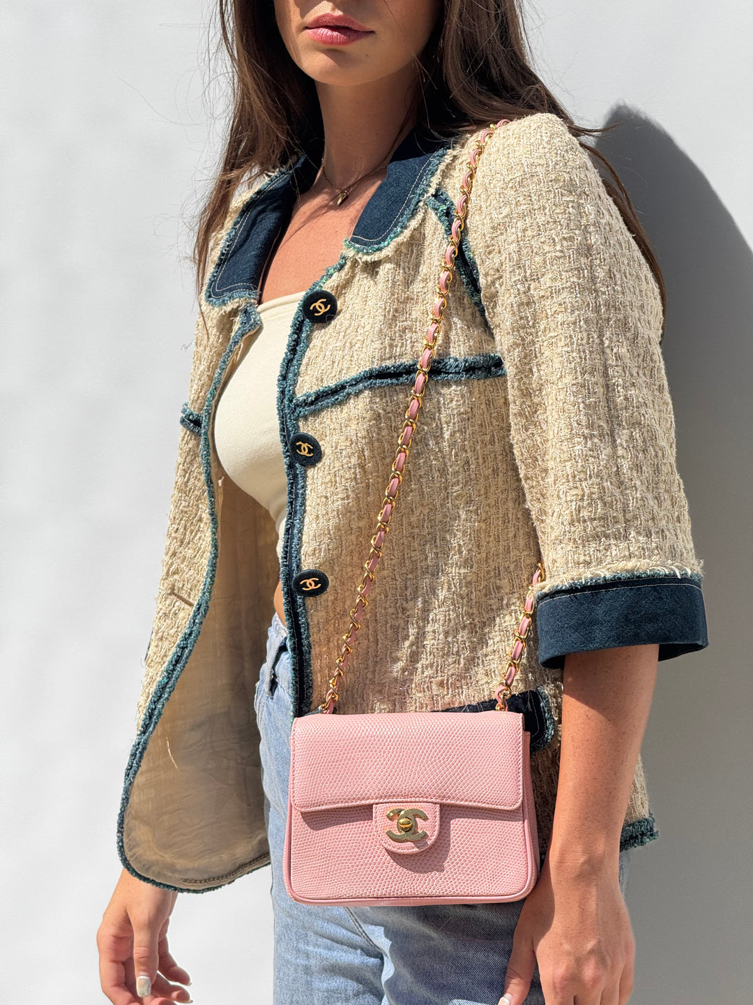 Chanel Sakura Pink Vintage Lizard Mini Square Flap Bag