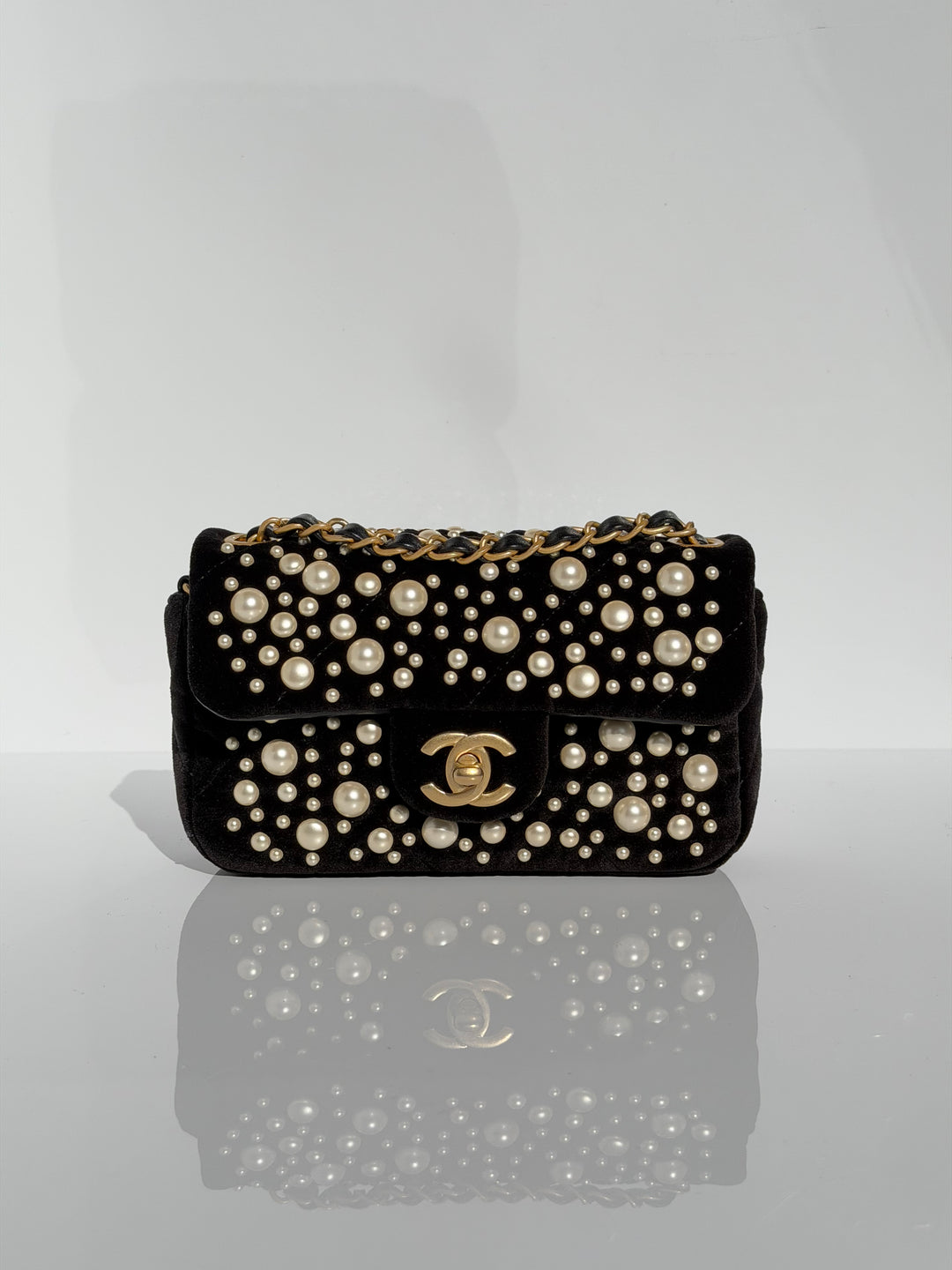 Chanel Black Velvet Mini Pearl Flap Bag