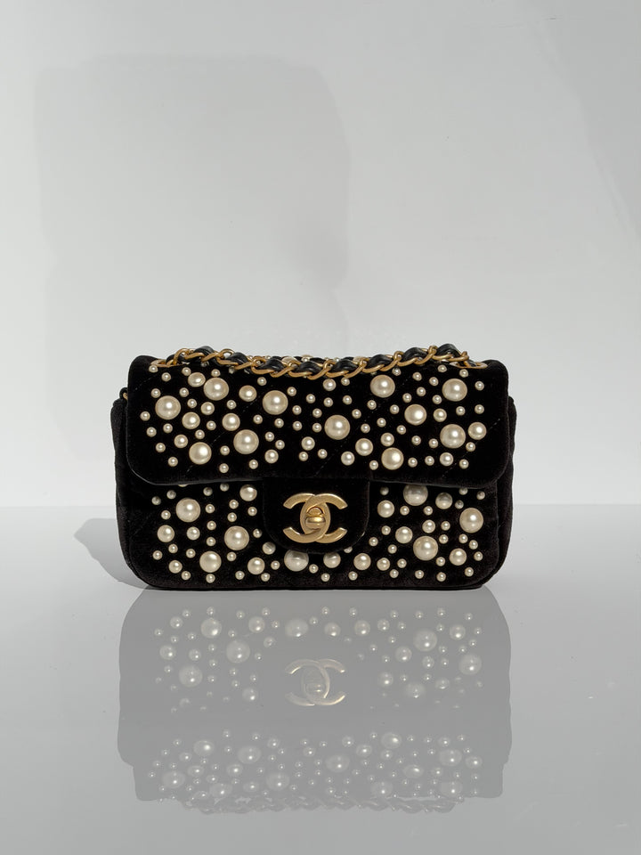Chanel Black Velvet Mini Pearl Flap Bag