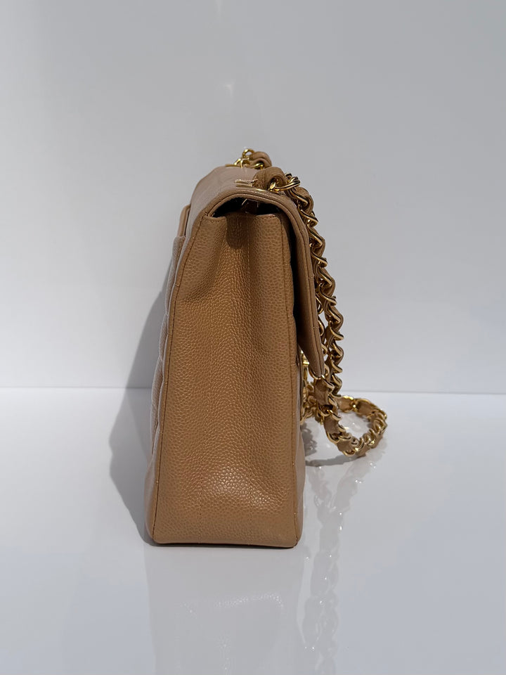 Chanel Classic Flap Jumbo Horizontal Dark Beige Caviar 24K Gold Hardware 1996