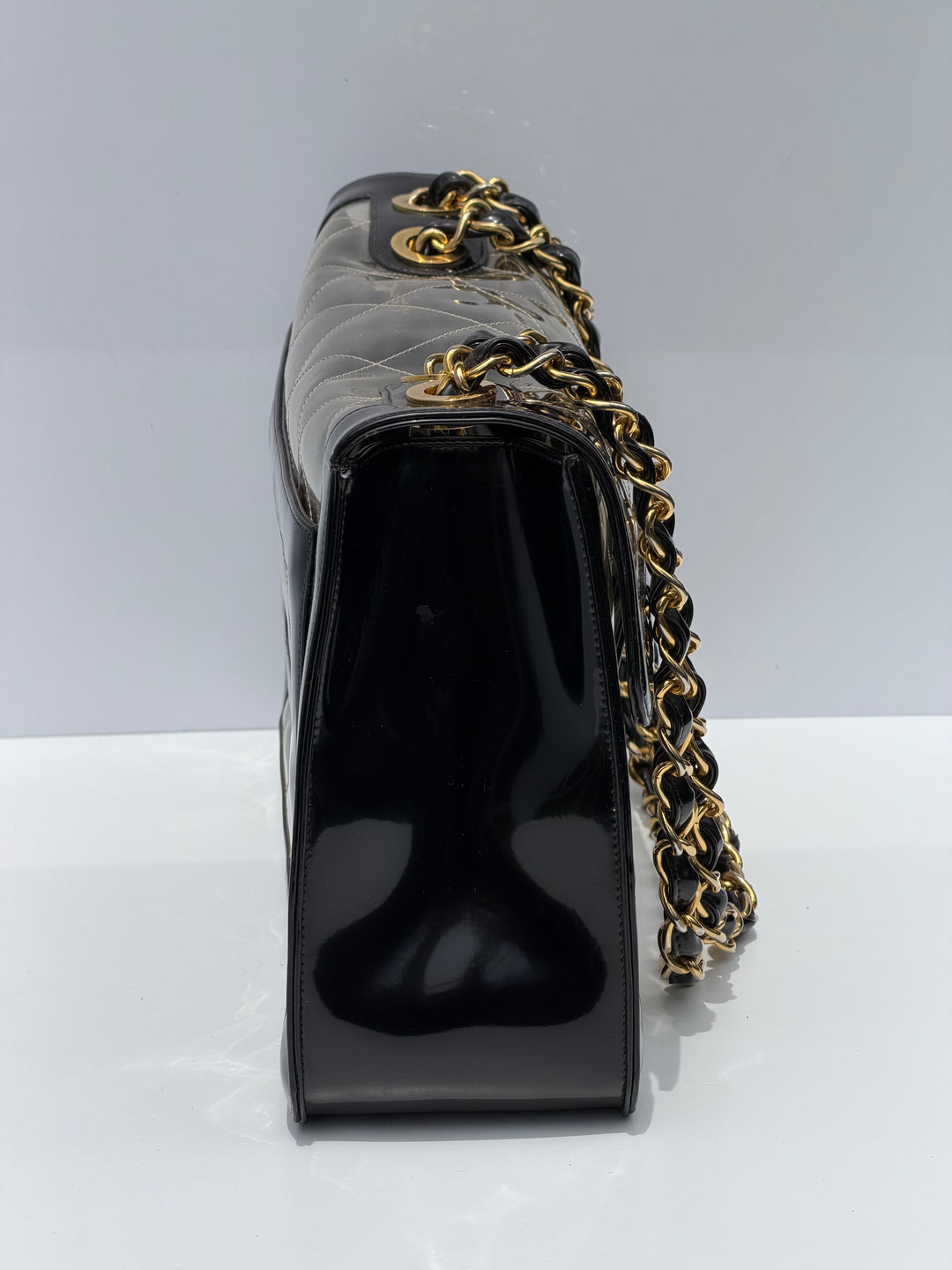 Chanel Maxi Classic Flap Bag Clear Vinyl Black Patent Leather Gold Hardware 1994