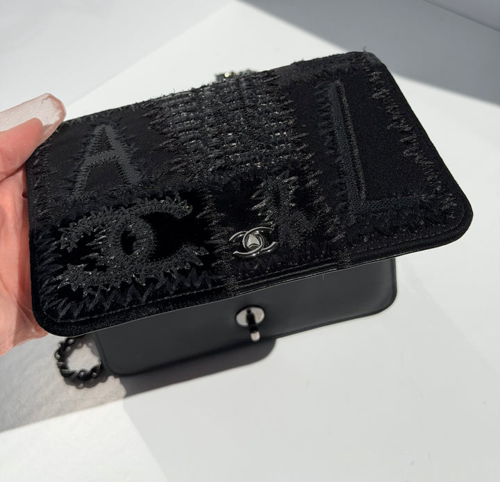Chanel Black Mixed Media Patchwork Square Wallet on Chain Silver Hardware 2018