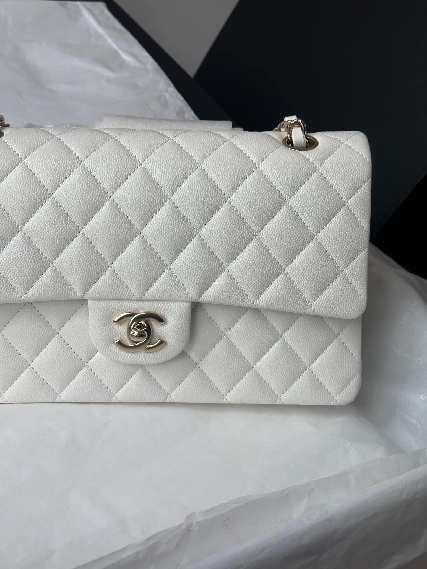 Chanel 22S Snow White Medium Caviar Double Flap Bag