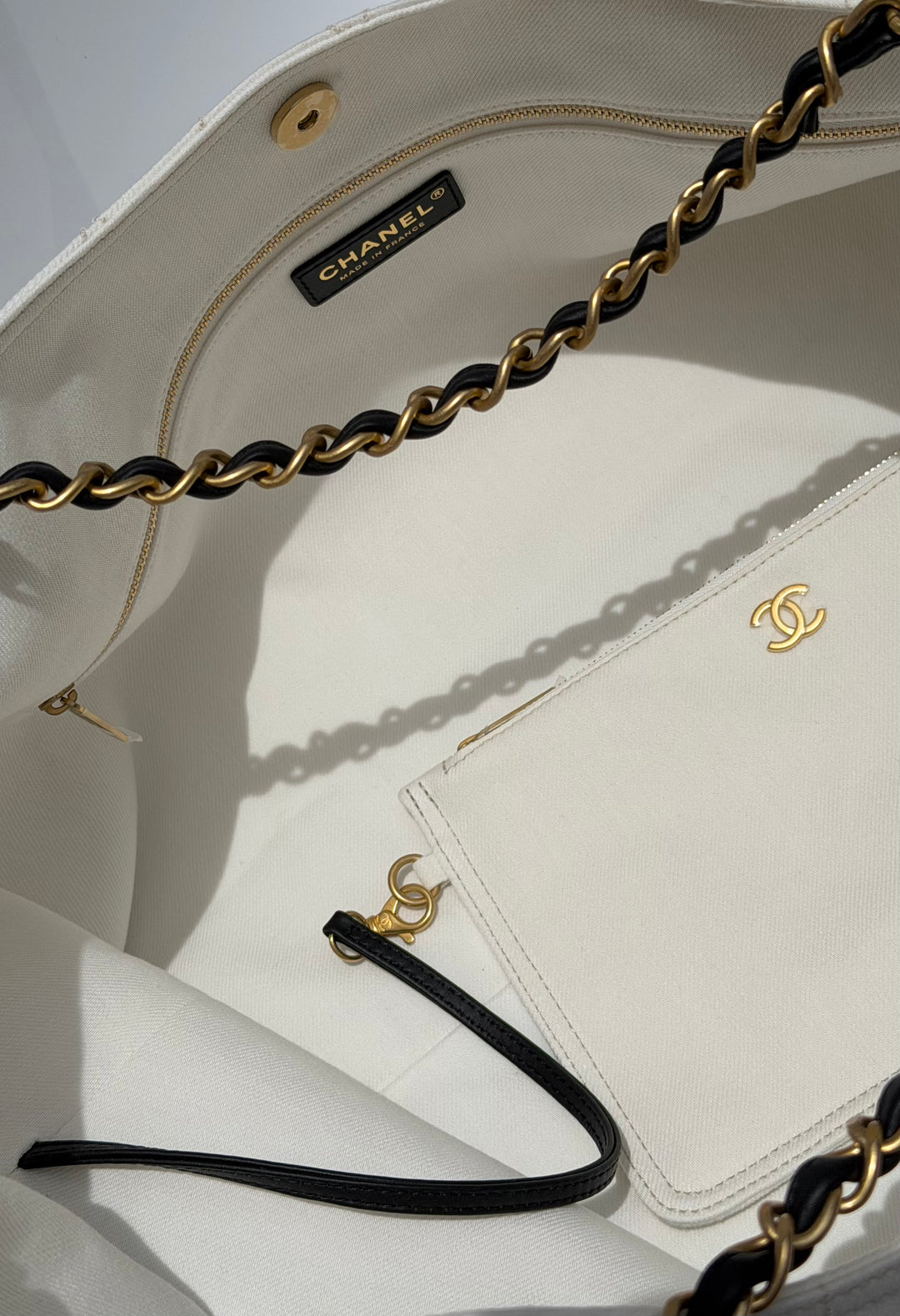 Chanel Coco Beach Maxi Shopping Bag White Denim Black Calfskin Gold Hardware 2026