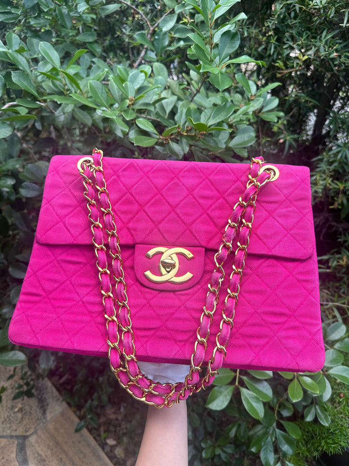 Chanel 1990 RARE Hot Pink Denim Maxi Flap Bag