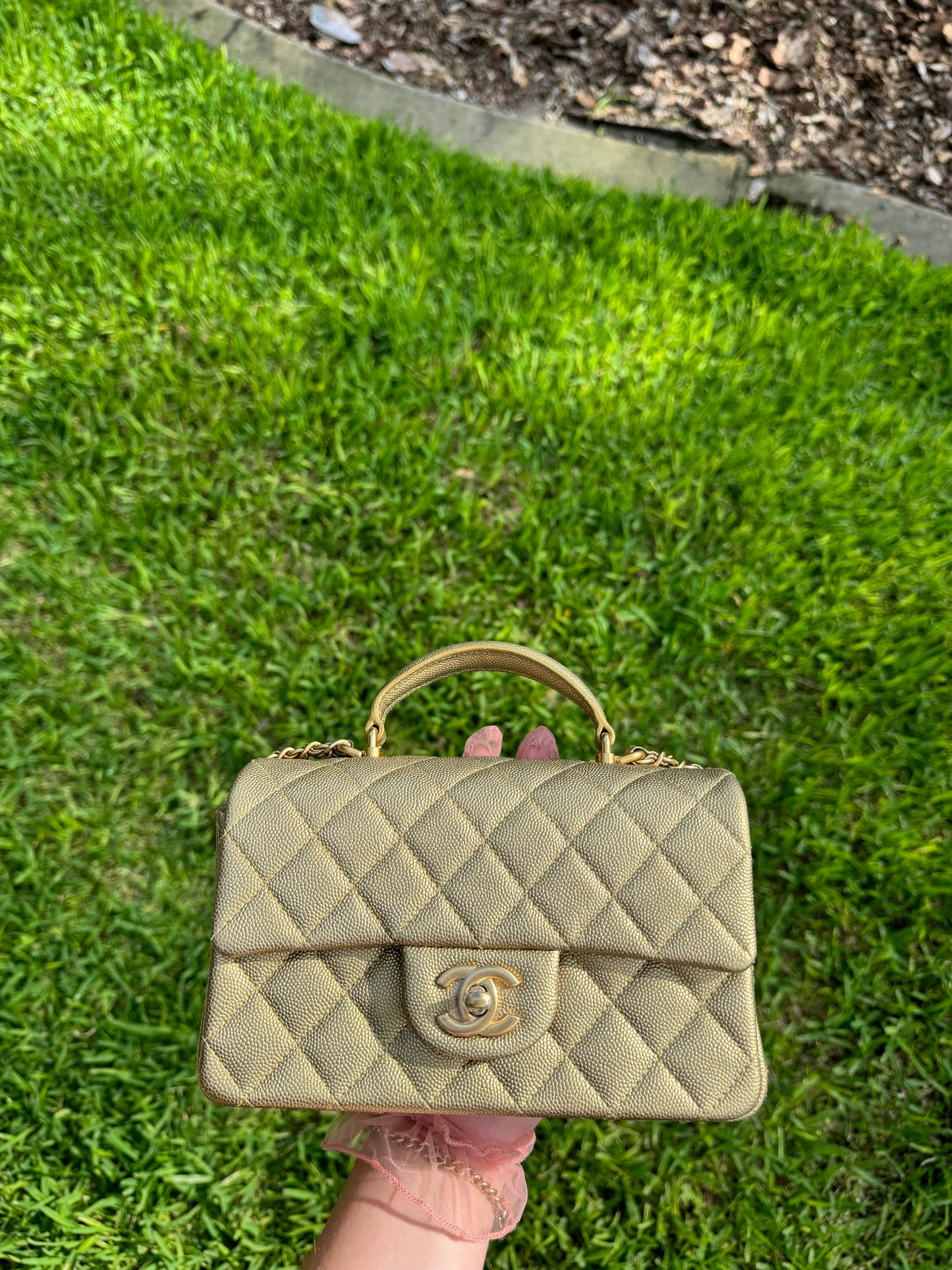 Chanel 21S Mini Metallic Gold Caviar Top Handle