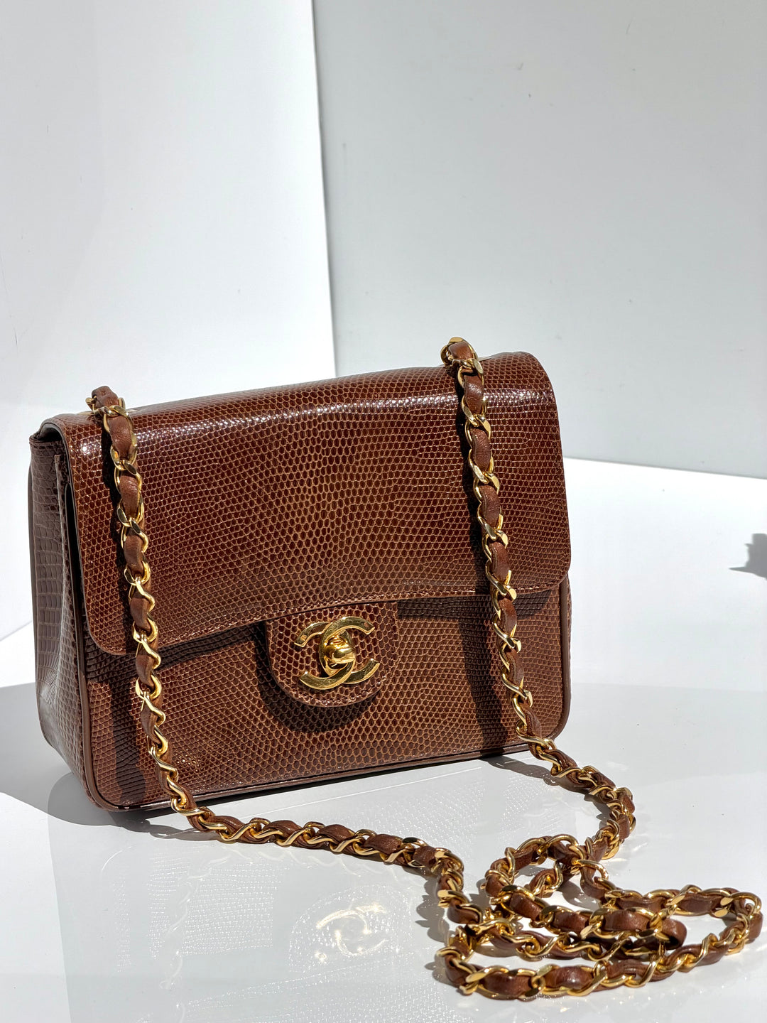 Chanel Brown Vintage Lizard Mini Square Flap Bag 24K Plated Gold Hardware 1986