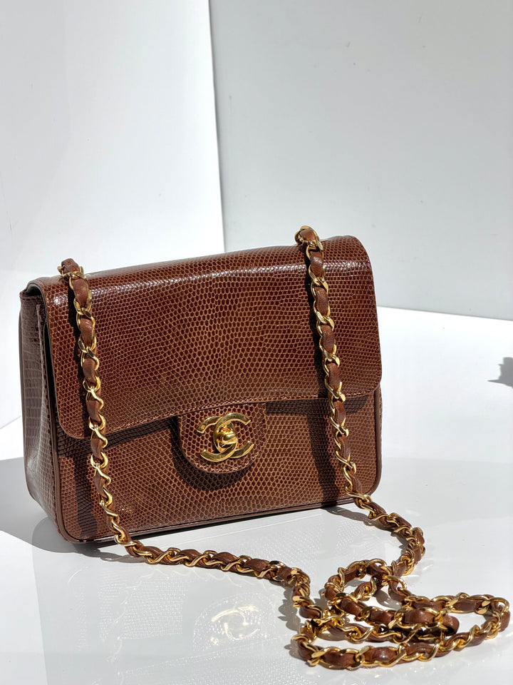 Chanel Brown Vintage Lizard Mini Square Flap Bag 24K Plated Gold Hardware 1986