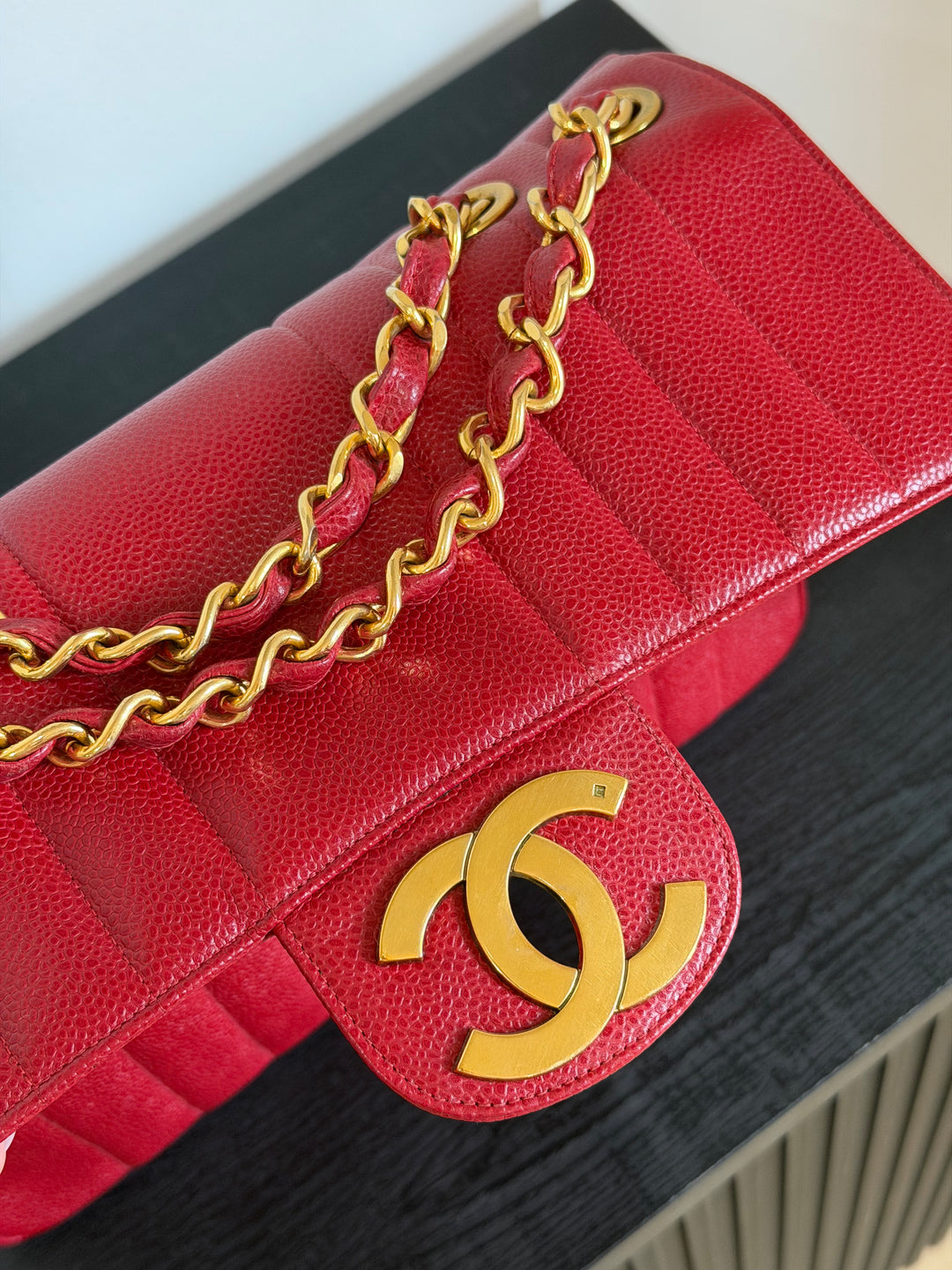 Chanel Vertical Flap Jumbo Red Caviar 24K Gold Plated Hardware 1994
