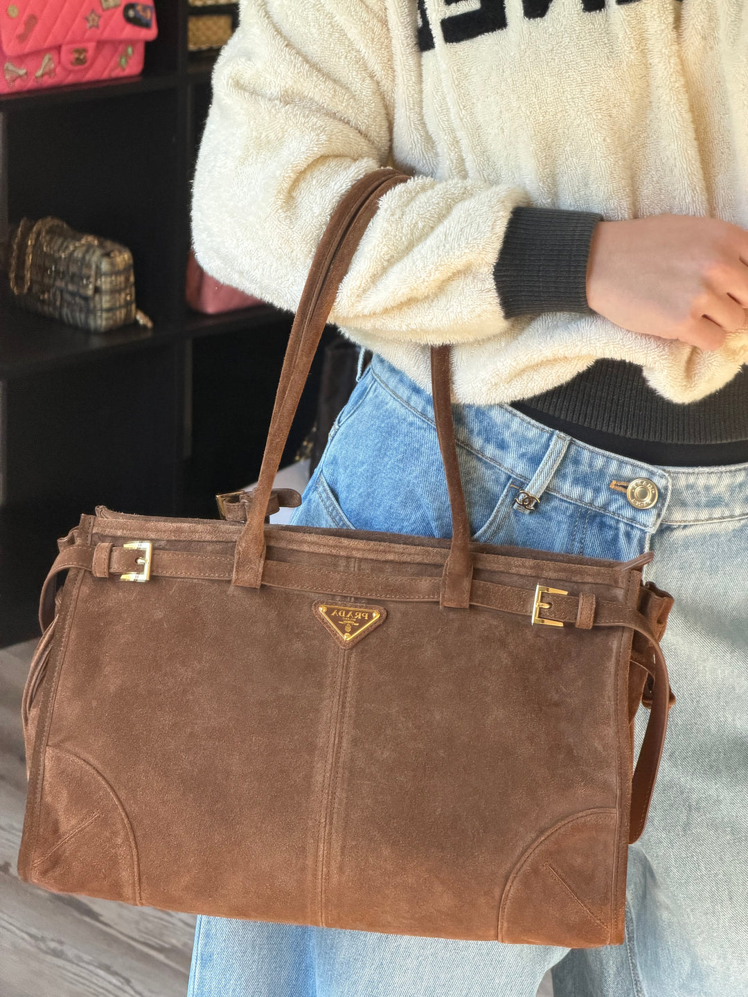 Prada Bonnie Large Tote Bag Cacao Suede Gold Tone Hardware