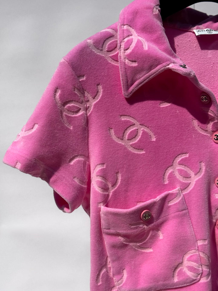 Chanel Spring 1996 Pink Velour CC Button Top X EstherandSasha