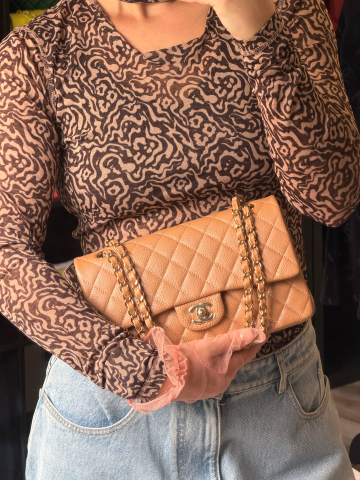 Chanel Medium Classic Flap Bag Dark Beige Caviar Gold Tone Hardware 2018