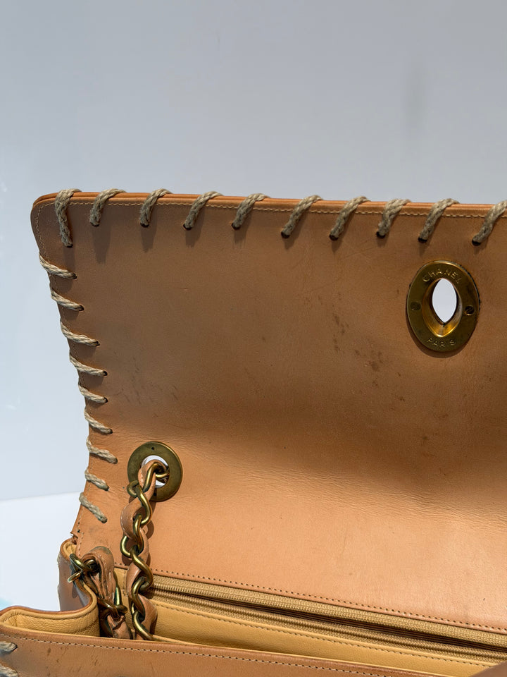 Chanel Jumbo Classic Flap Bag Tan Debossed Logo Calfskin Whipstitched Gold Hardware 1994