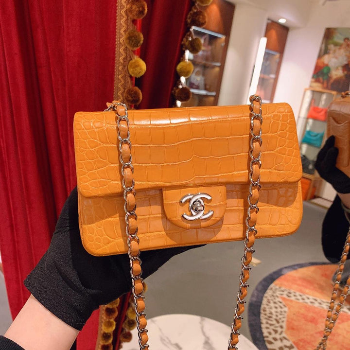 Chanel Orange Matte Croc Mini Flap Silver Hardware 2014