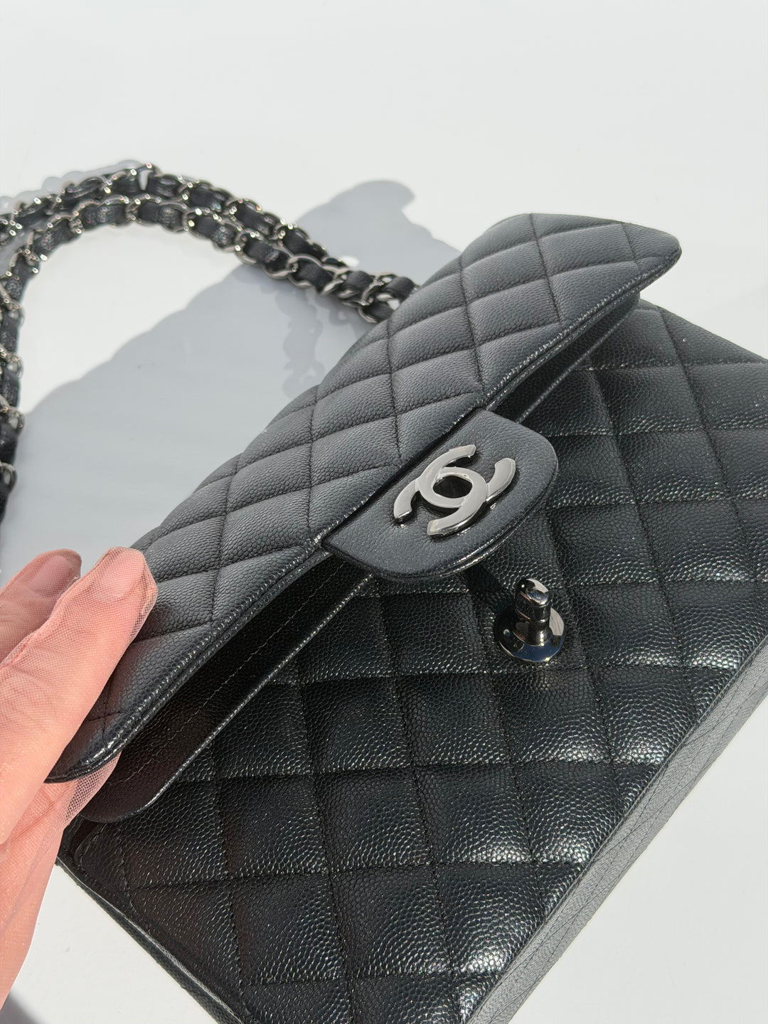 Chanel 18C Black Iridescent Small Caviar Double Flap Bag