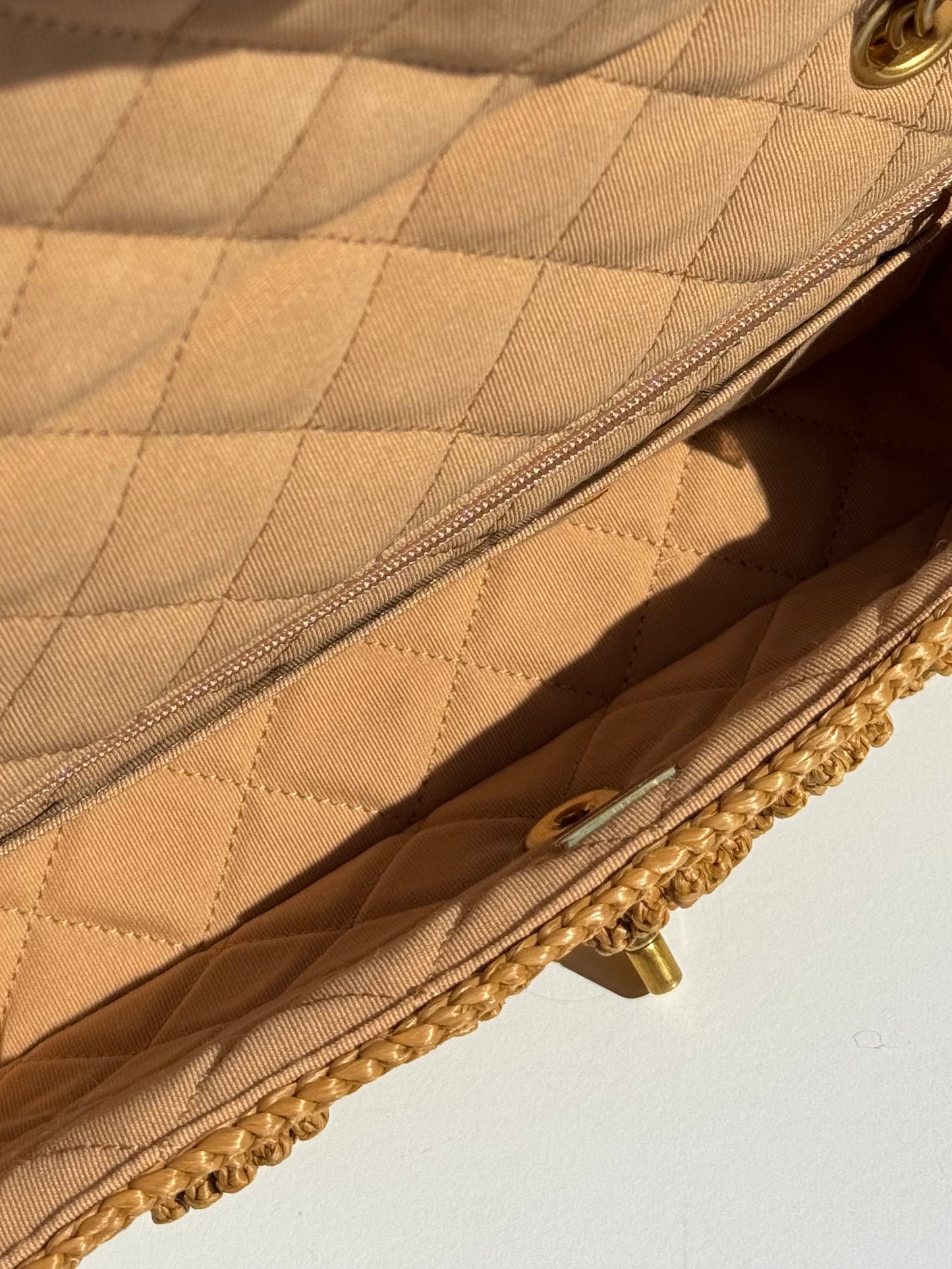 Chanel 24P Tan Braided Raffia Medium Flap Bag